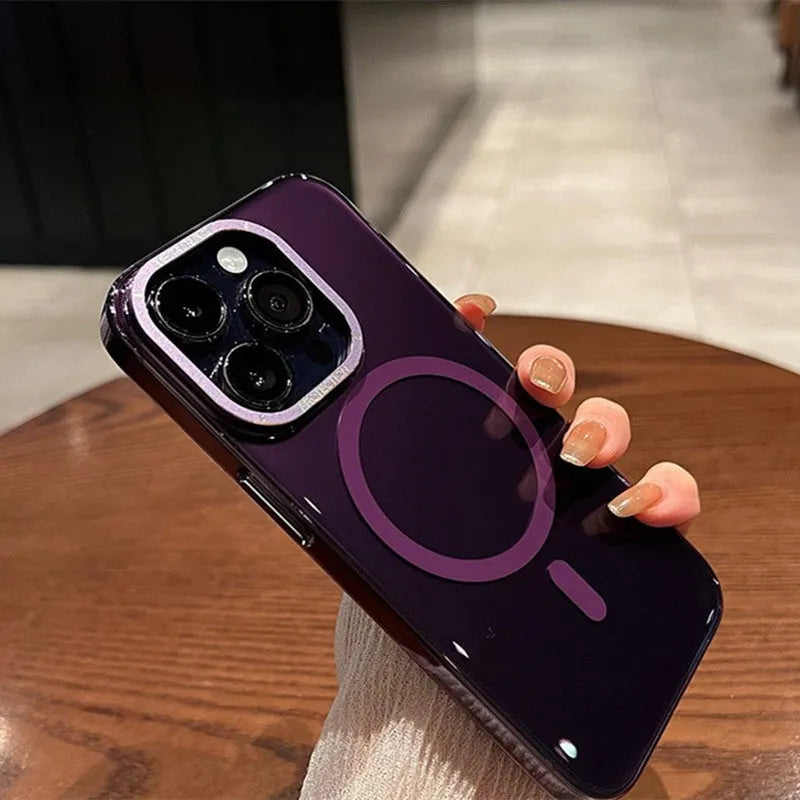 Transparent magnetic phone case with metal lens frame and independent metal buttons for iPhone 12 to 15 Pro Max