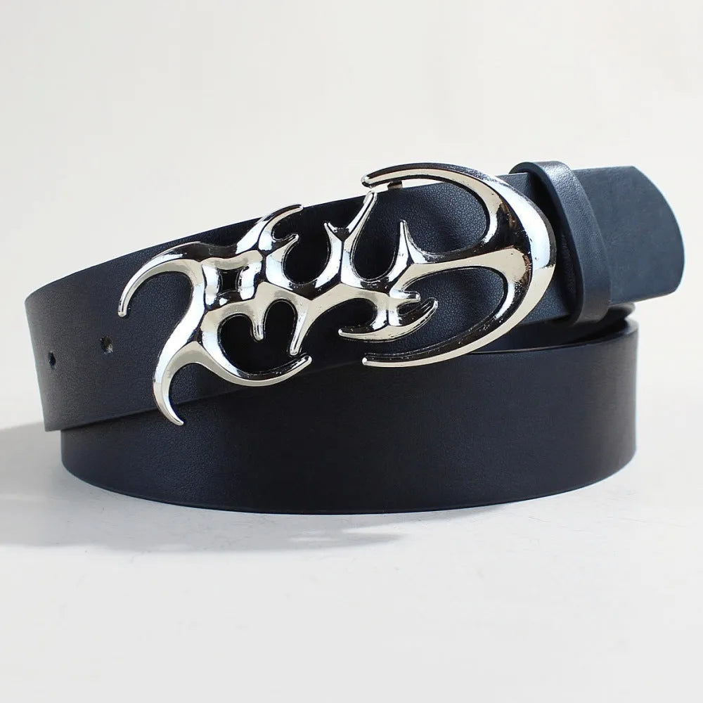 Silver alloy buckle snap-fastening on a 3.3cm wide brown PU leather casual belt