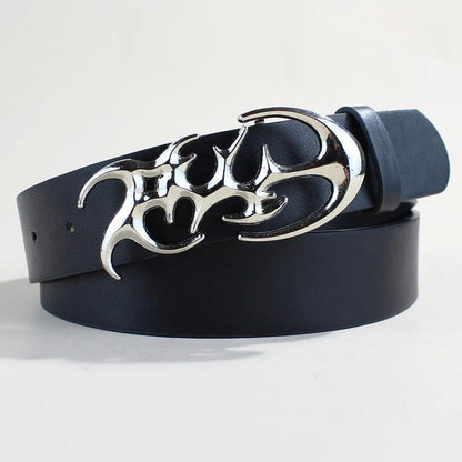 Silver alloy buckle snap-fastening on a 3.3cm wide brown PU leather casual belt
