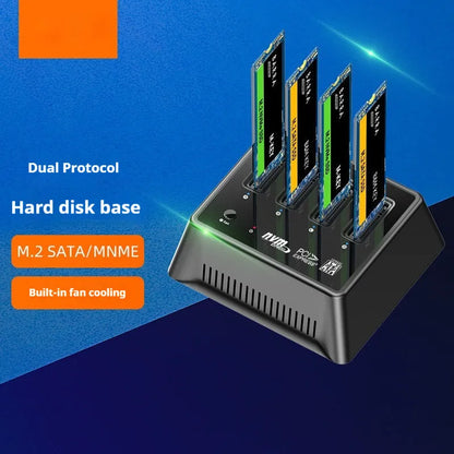 Aluminium M.2 SSD mounting base with heatsink fins, shown next to an M.2 drive and manual.