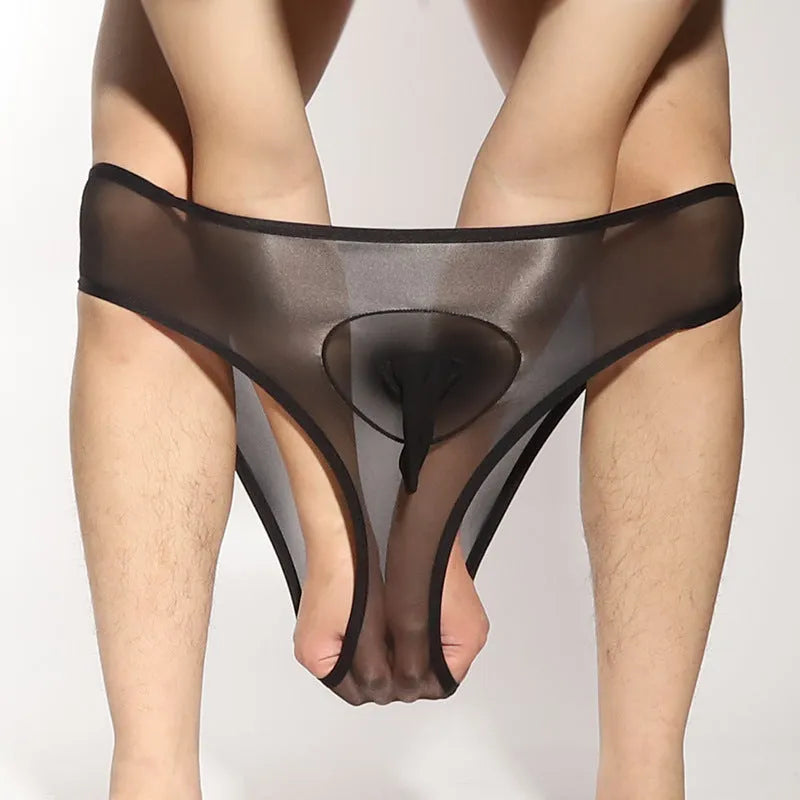Men's shiny transparent nylon briefs with bullet separation design in multiple colours