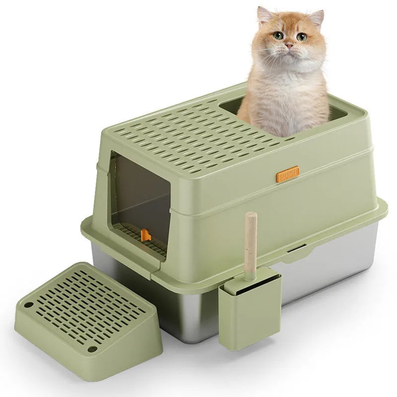 Grey ABS plastic enclosed cat litter box with a visible pedal entry flap.