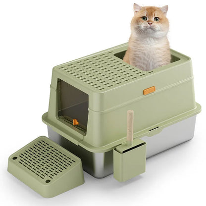 Grey ABS plastic enclosed cat litter box with a visible pedal entry flap.