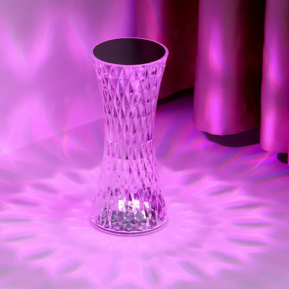 Crystal waist table lamp with faceted acrylic design showing RGB colourful lighting effects