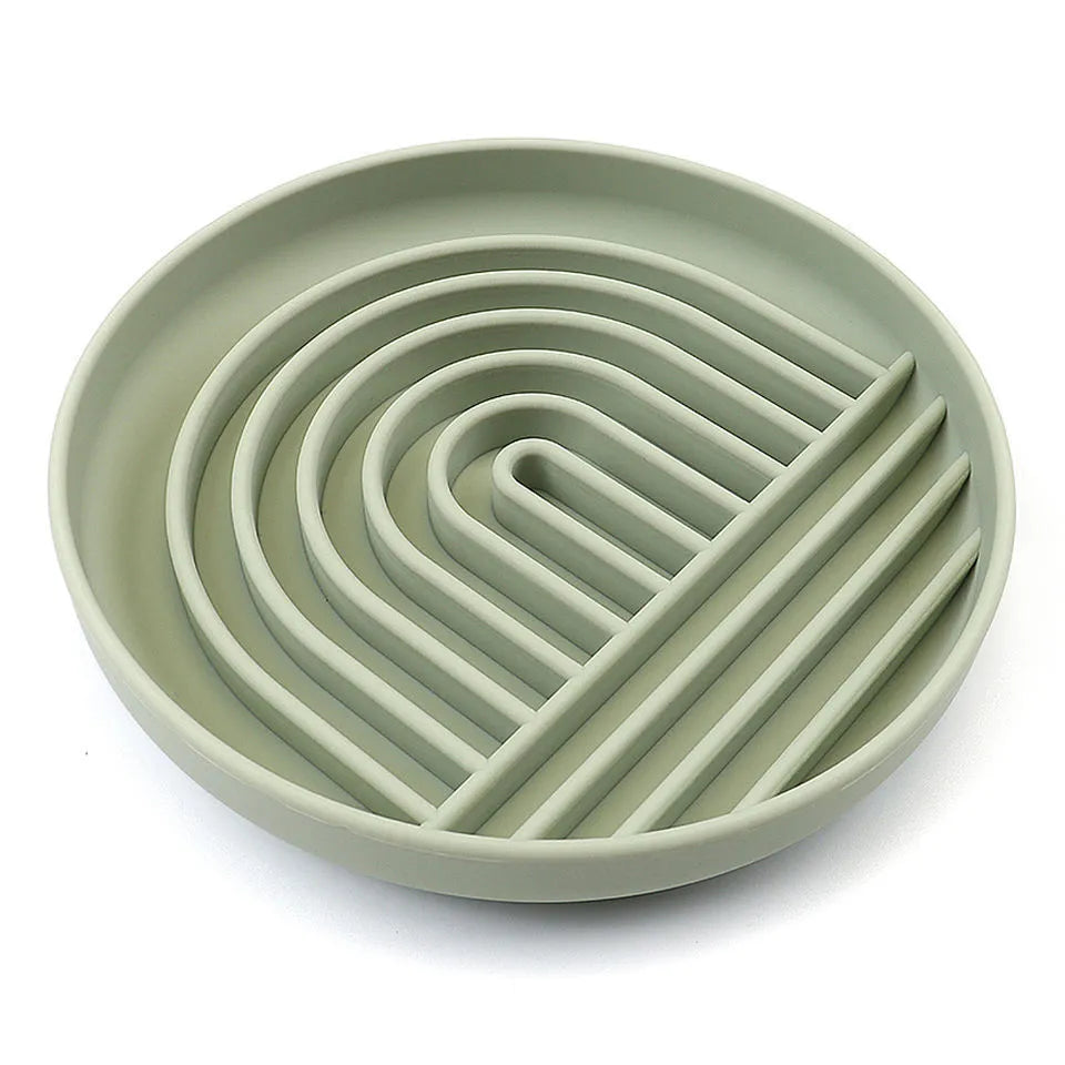 Silicone slow feeder bowl for dogs with ridges, measuring 19 cm, in beige, charcoal ash, grey blue, mango yellow, mustard green, or red.