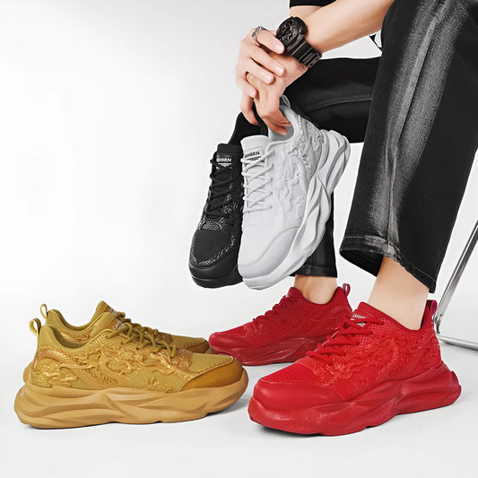 Chinese Loong breathable Fly Knit casual sneakers in four dragon colourways on a rubber sole.