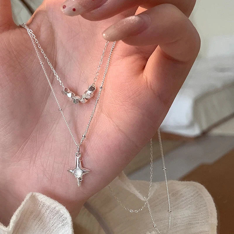 Elegant double-layer stainless steel cross necklace with opal accents