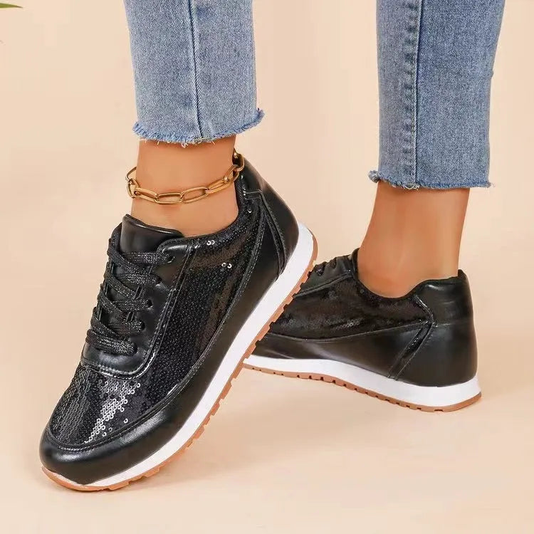 Women's black thick-soled square toe casual sneakers made from PU leather