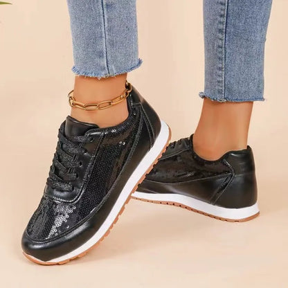 Women's black thick-soled square toe casual sneakers made from PU leather