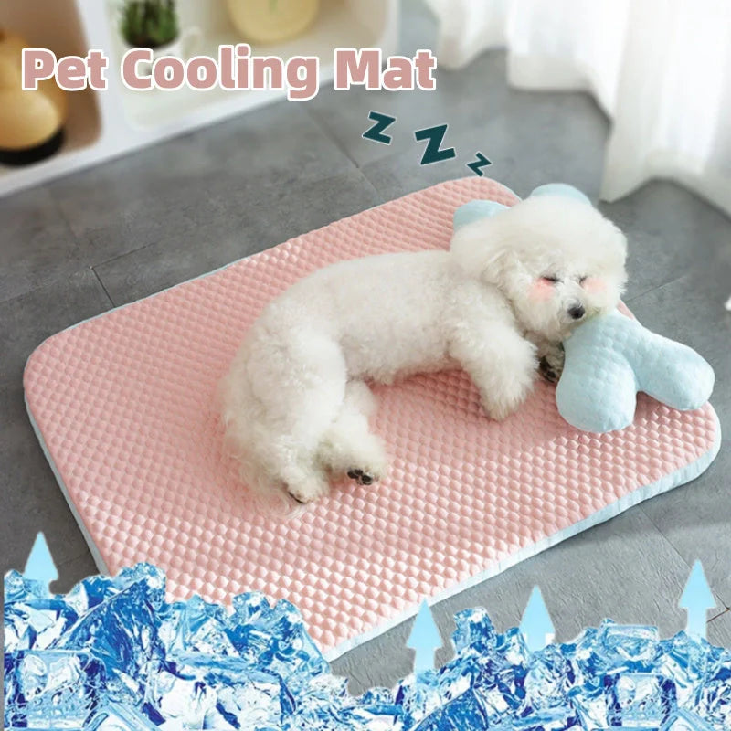 Cooling pet mat for small to medium dogs and cats with non-slip base and fun animal design