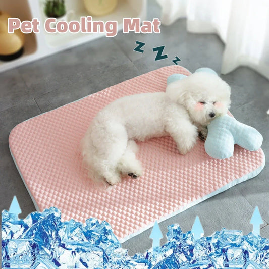 Cooling pet mat for small to medium dogs and cats with non-slip base and fun animal design