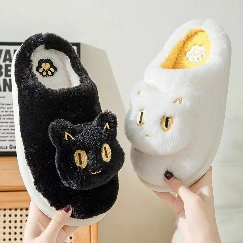 Cozy cat-themed plush slippers with soft, plush fabric and memory foam insoles for comfortable all-day wear