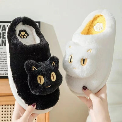 Cozy cat-themed plush slippers with soft, plush fabric and memory foam insoles for comfortable all-day wear