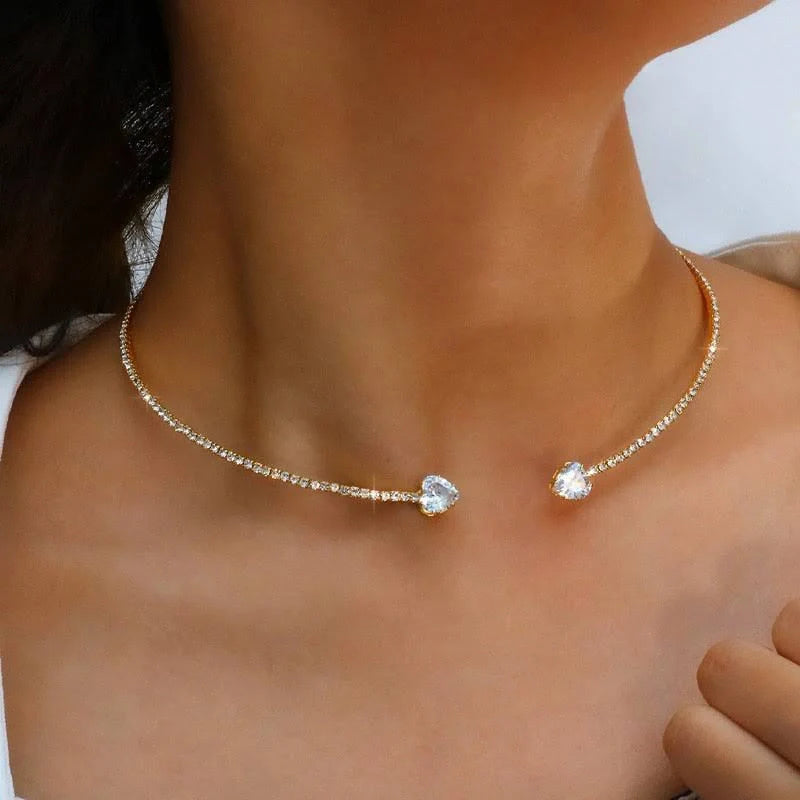 Silver Rhinestone Heart Collar Choker Necklace for Women with pearl chain