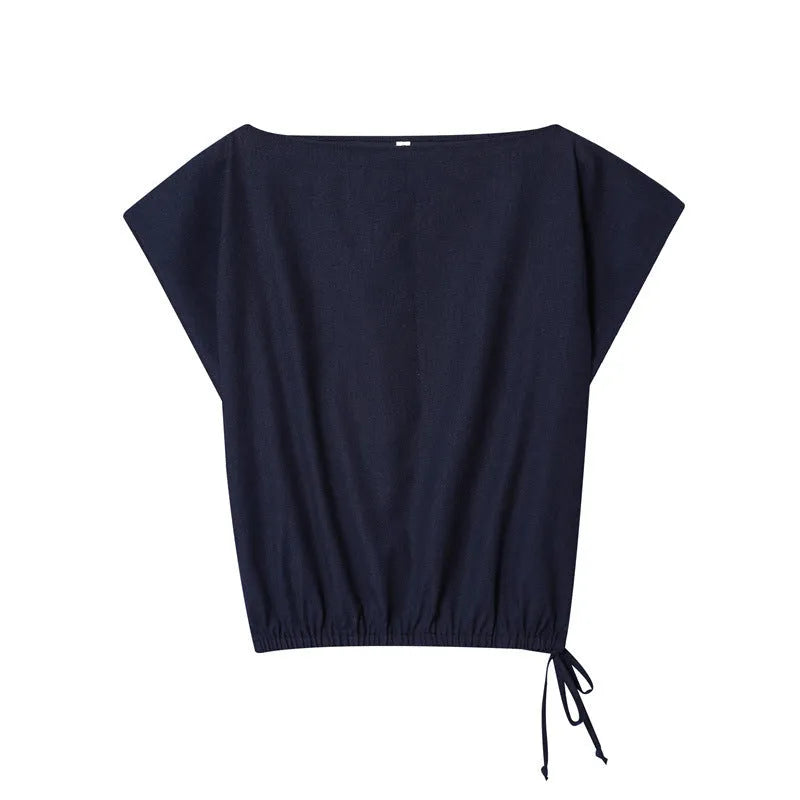 Women's off-neck flounced sleeve linen-style top and wide leg trousers set in 100% polyester fabric