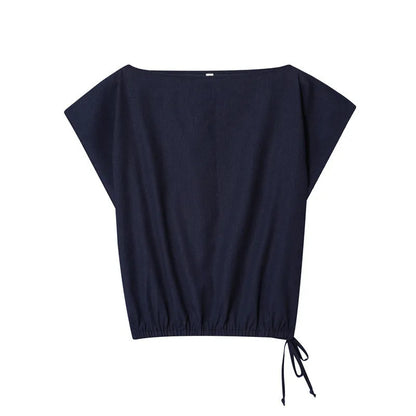 Women's off-neck flounced sleeve linen-style top and wide leg trousers set in 100% polyester fabric