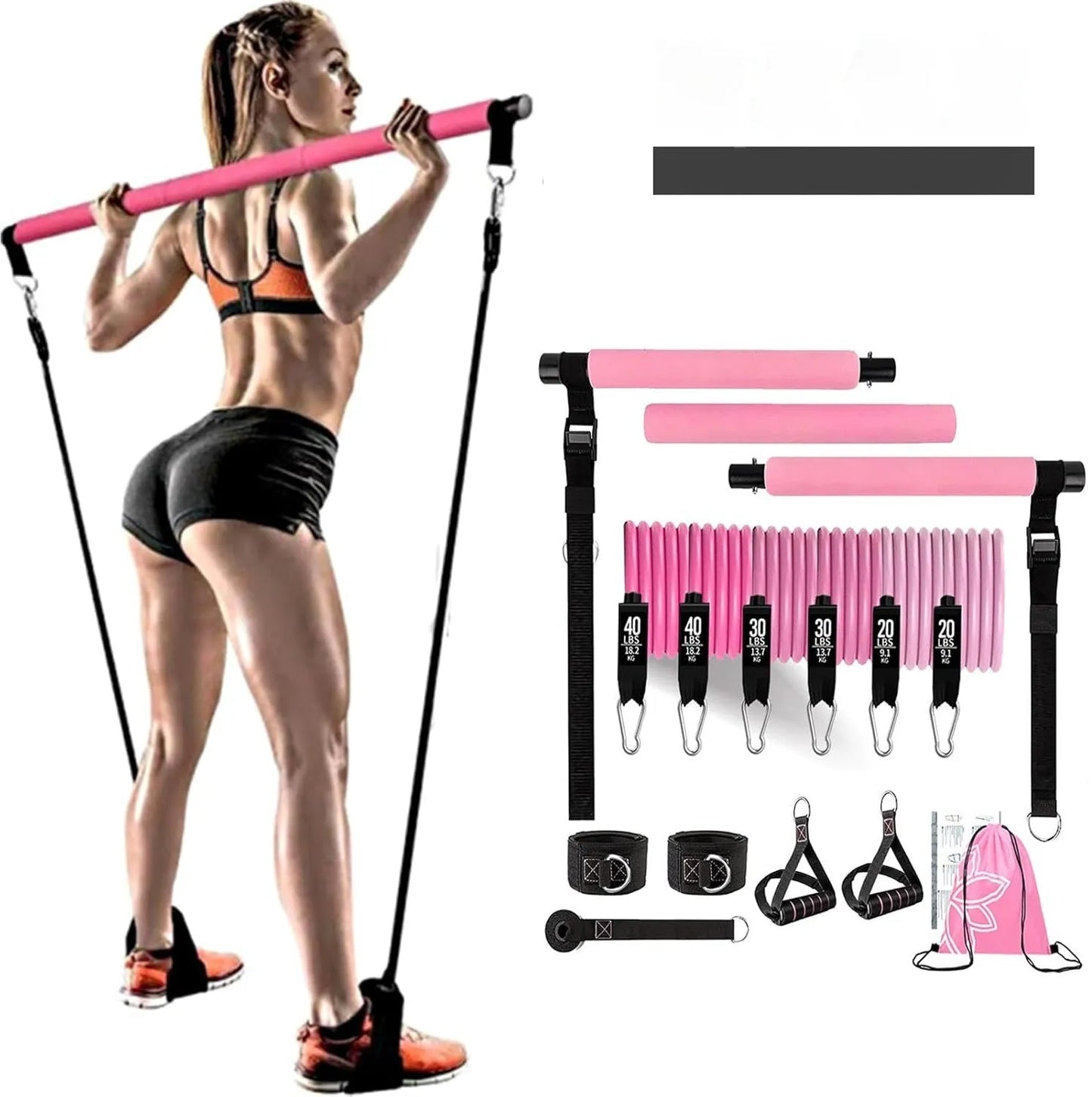 Yoga gymnastic bar set with 180 pounds pink and black TPE resistance bands for pull rope exercises