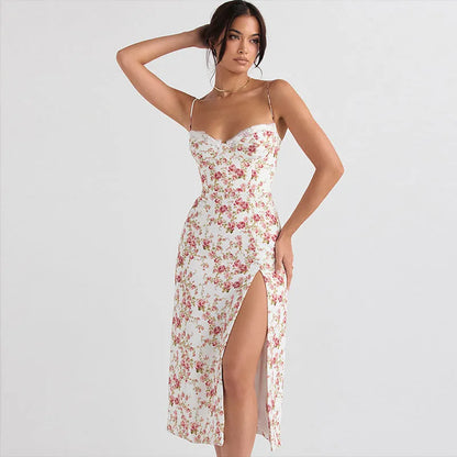 Women's lace print long dress with suspender straps and side slit in blue, green or red