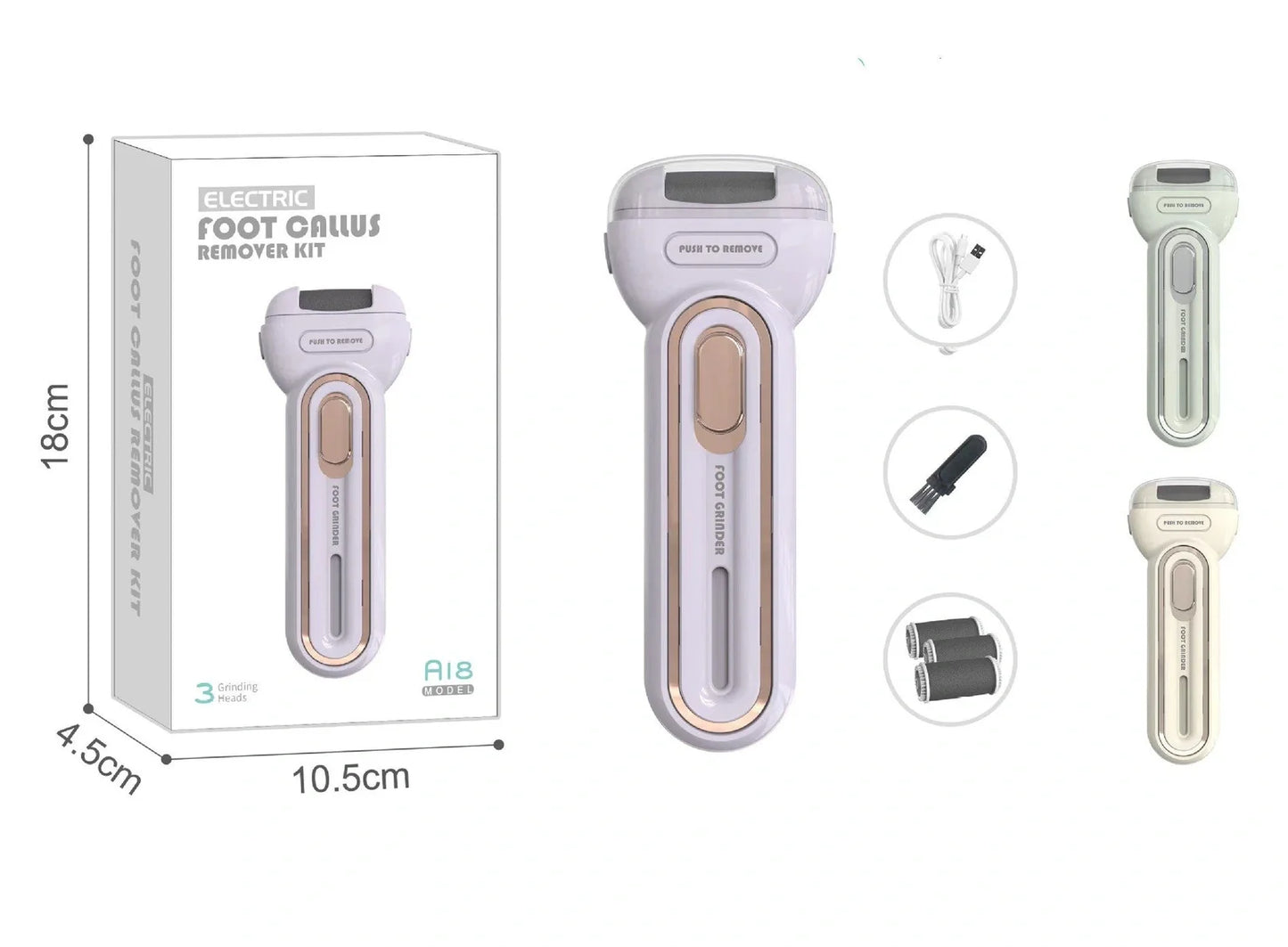 Electric foot grinder with three grinding heads in beige, green, and purple colour options