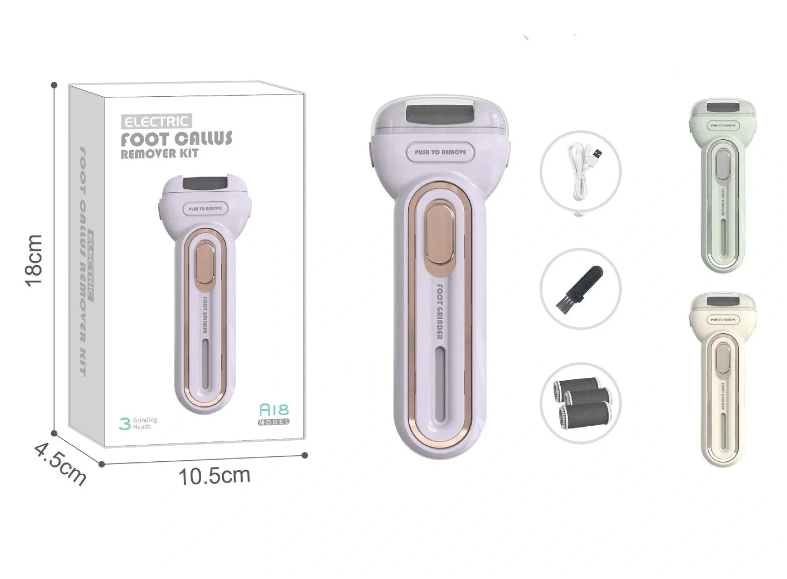 Electric foot grinder with three grinding heads in beige, green, and purple colour options