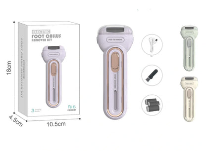 Electric foot grinder with three grinding heads in beige, green, and purple colour options