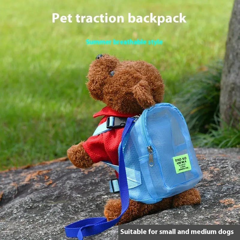 Blue breathable dog backpack with mesh panels and adjustable straps for pet transport