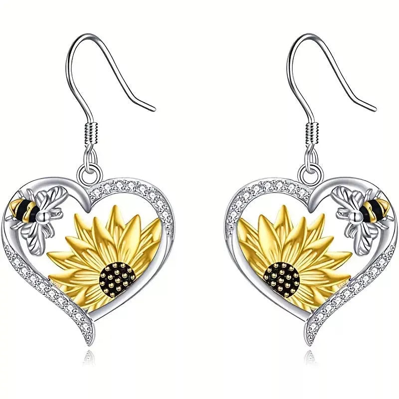 Silver alloy bee sunflower heart fashion earrings with detailed floral and animal motifs