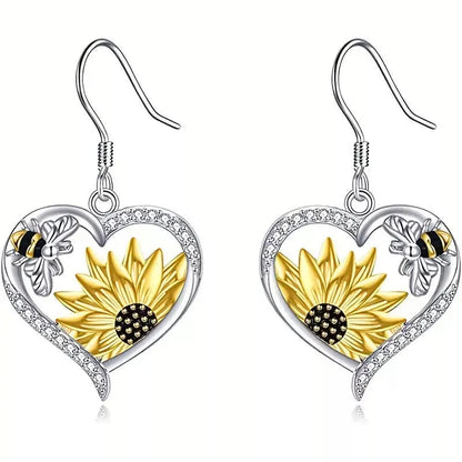 Silver alloy bee sunflower heart fashion earrings with detailed floral and animal motifs