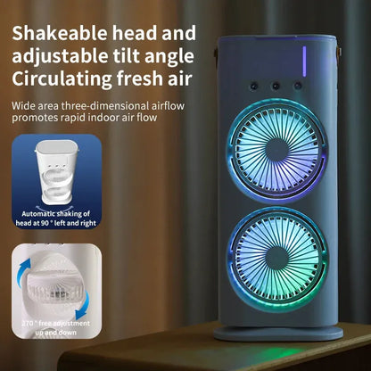 White portable humidifier fan with double heads and remote control on a table