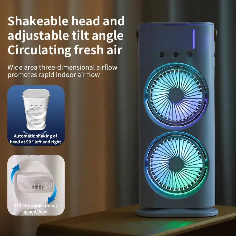 Portable humidifier fan with double-headed spray function, three wind speeds, USB power and remote control, white plastic fan with three blades, adjustable cooling unit measuring 38x15x8cm for household room air conditioning