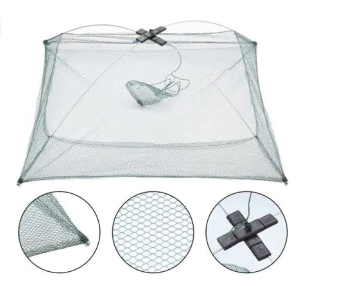 Green nylon pull-out fishing net, 60 x 60cm, compact fishing tackle for bait collection and pond fishing.