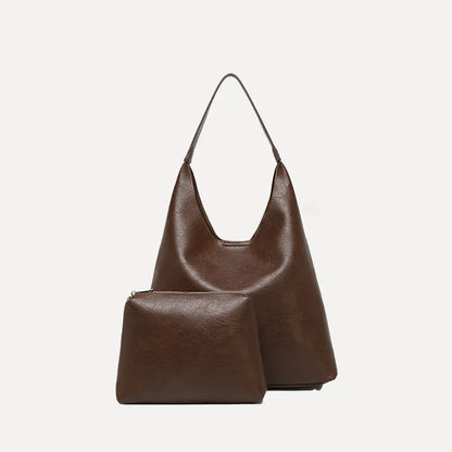 Women's PU tote bag 37x11x60 cm with small pouch, shown in Maillard brown and black colour options