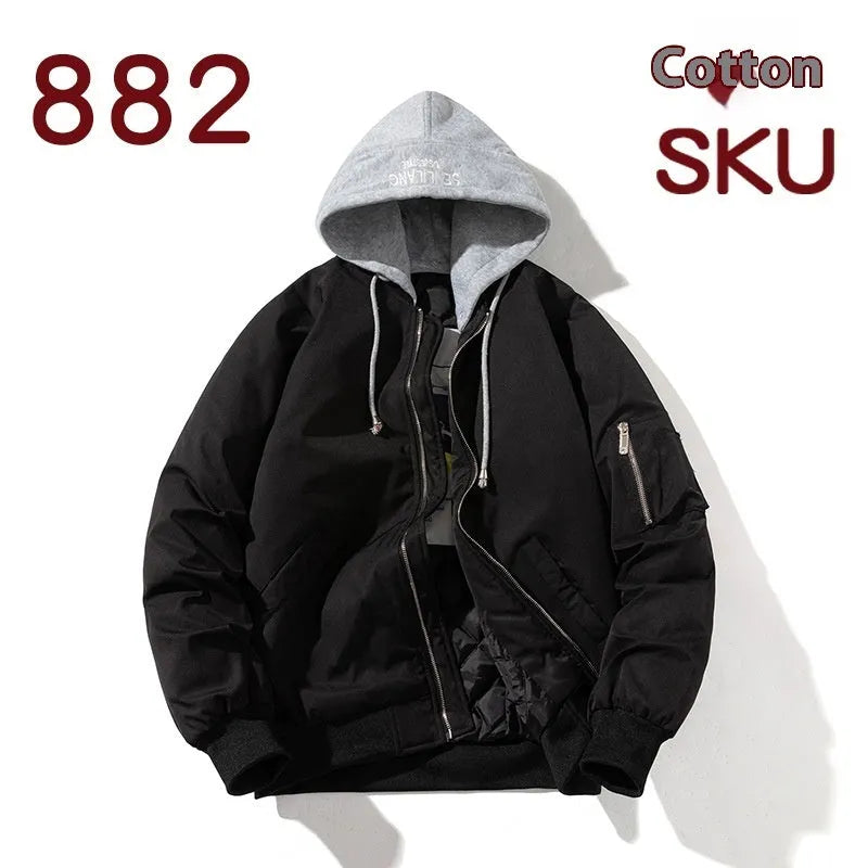 Men's loose-fitting solid colour pilot jacket shown in black, available in sizes M to 5XL