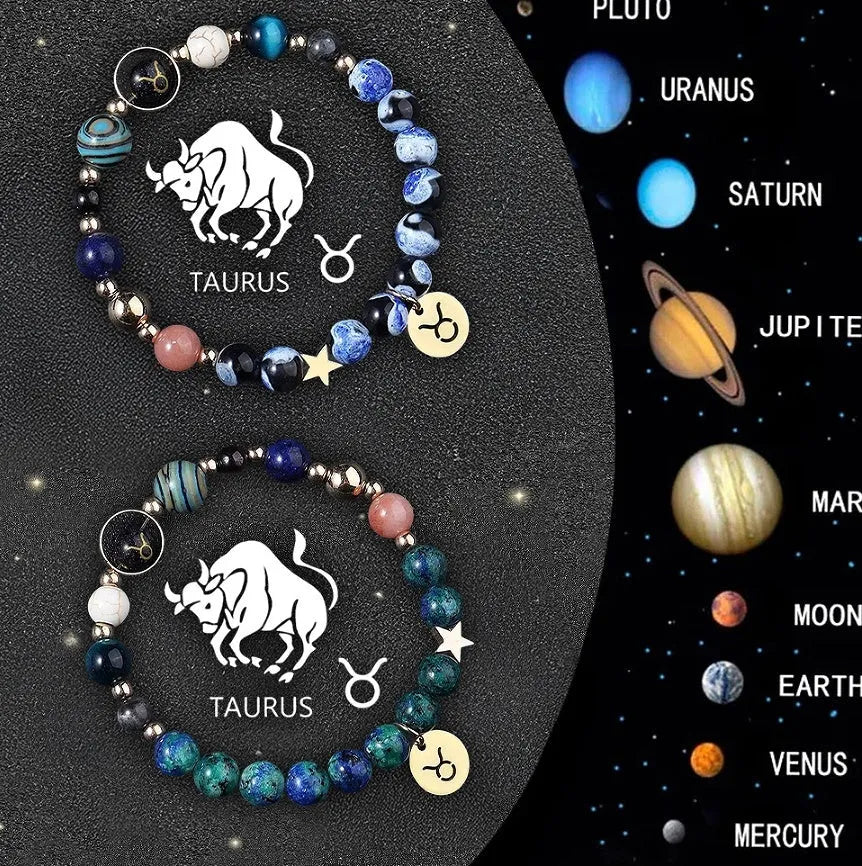 Twelve Zodiac Sign beaded bracelet set with natural stone beads and adjustable closure on wrist
