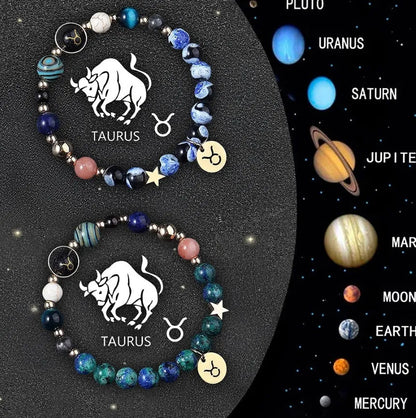 Twelve Zodiac Sign beaded bracelet set with natural stone beads and adjustable closure on wrist