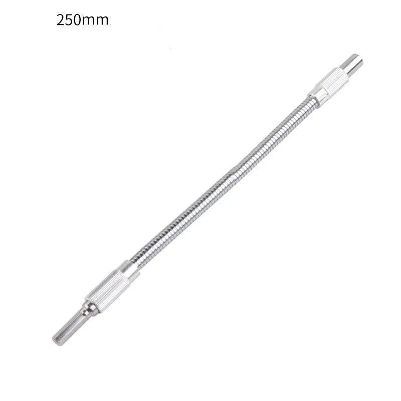 Silver flexible metal shaft extension for power drills with 6.35mm shank in various lengths.
