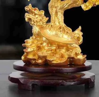 Citrine-coloured resin turtle money tree Feng Shui ornament measuring 18cm tall with detailed animal modelling