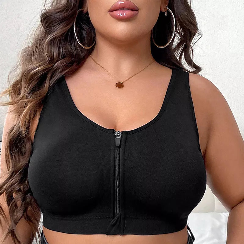Black front zipper sports bra with shockproof support and beauty back design