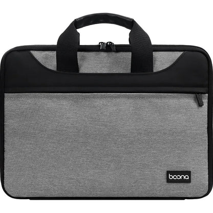 Black full zip opening Oxford cloth laptop bag for business travel with a soft carry handle.