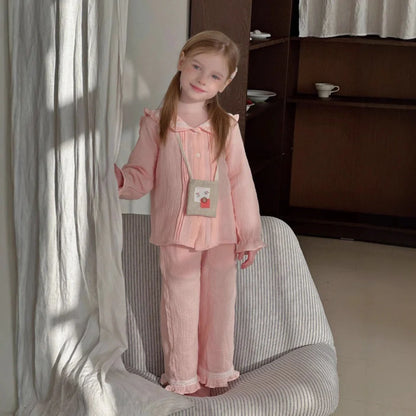 Girls' long sleeve two-piece home wear set in cotton gauze fabric with solid colour design