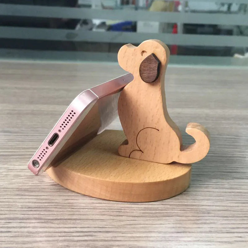 Beech wood mobile phone holder with coin slot showing adjustable angle and resin decorative elements