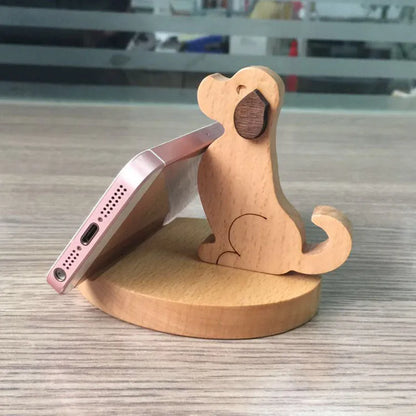 Beech wood mobile phone holder with coin slot showing adjustable angle and resin decorative elements