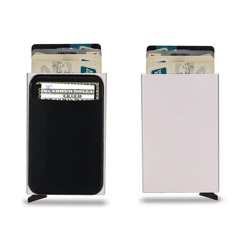 Aluminium alloy credit card holder with frosted finish measuring 9.5x6x1.0cm, showing RFID protection for 4-6 cards