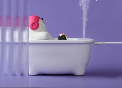 White USB air humidifier with 550ml water tank showing mist output and compact 176mm height design
