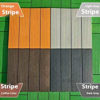 Plastic floor tiles with wood grain pattern showing 300x300mm dimensions and 23mm thickness profile