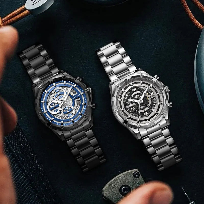 Men's waterproof luminous casual quartz watch with a steel belt, shown in black/blue, black/gold, and silver/white colour options.