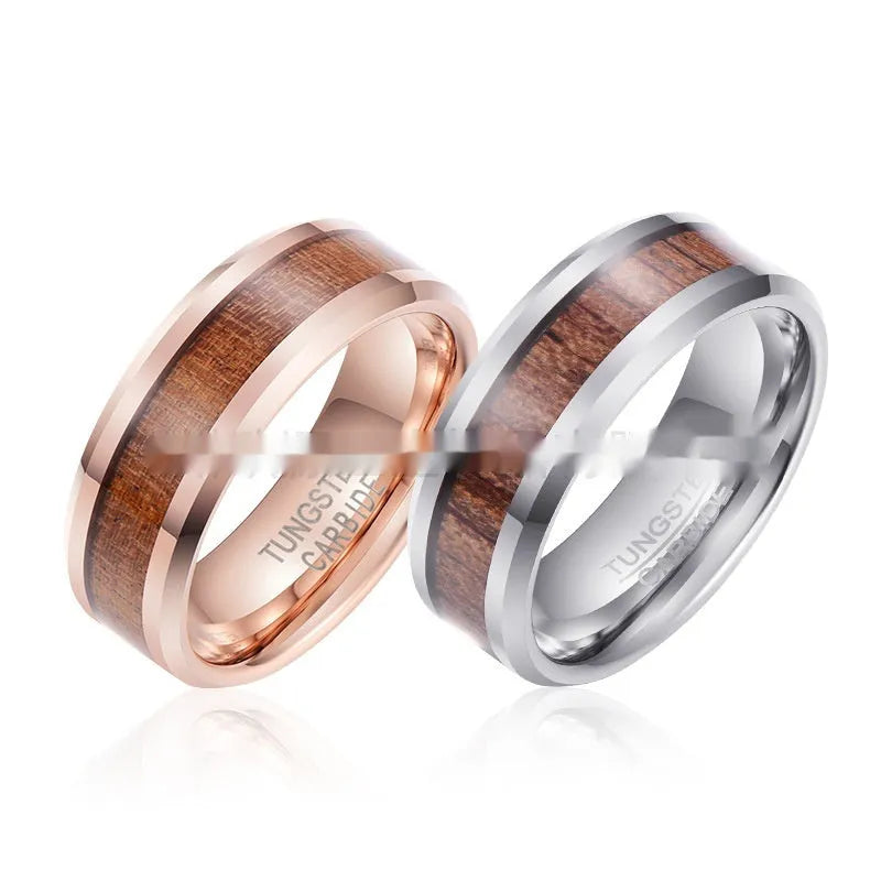 Men's tungsten ring with wood leather texture in 8mm width showing rose gold or steel colour options
