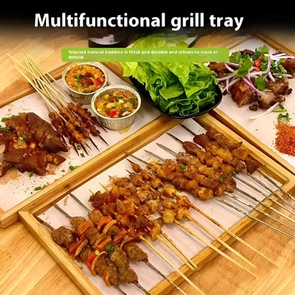Square bamboo barbecue tray with brown handle in solid colour pastoral design