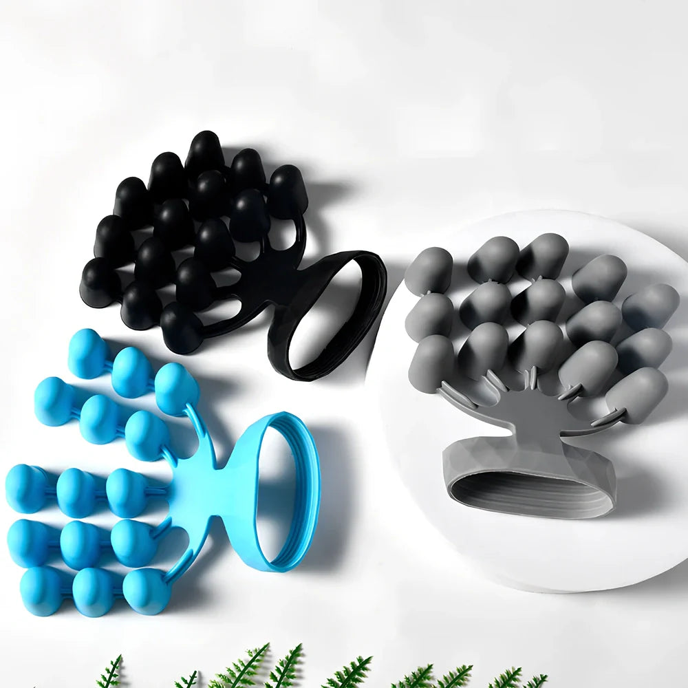 Black silicone finger tensioner with adjustable gears for strength training, showing 14cm size