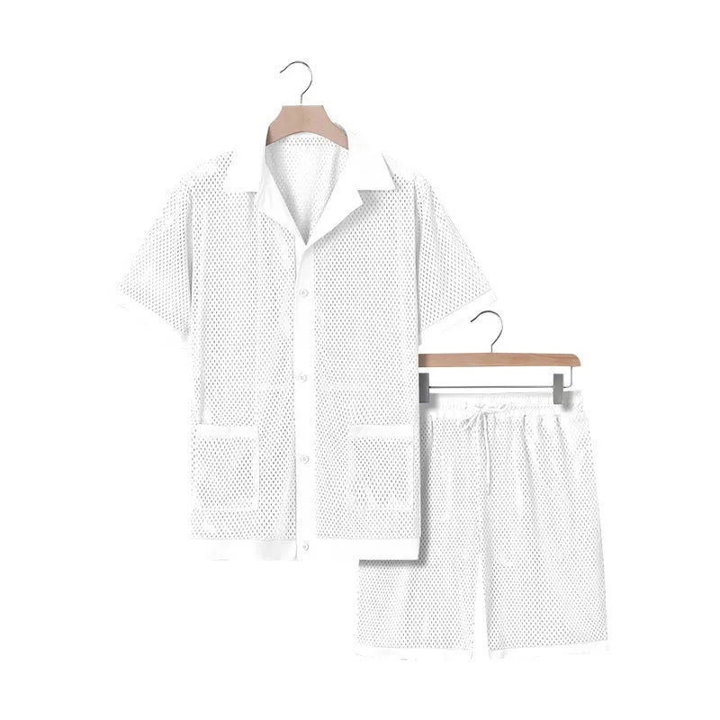 Women's lake blue see-through short sleeve cardigan and matching shorts beach cover-up set laid flat.